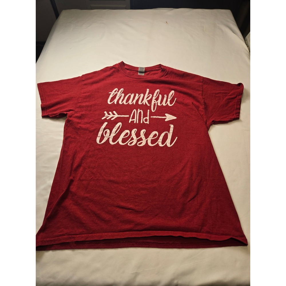 Gildan T-Shirt Womens Large Red Excellent Thankful And Blessed Graphic Tee